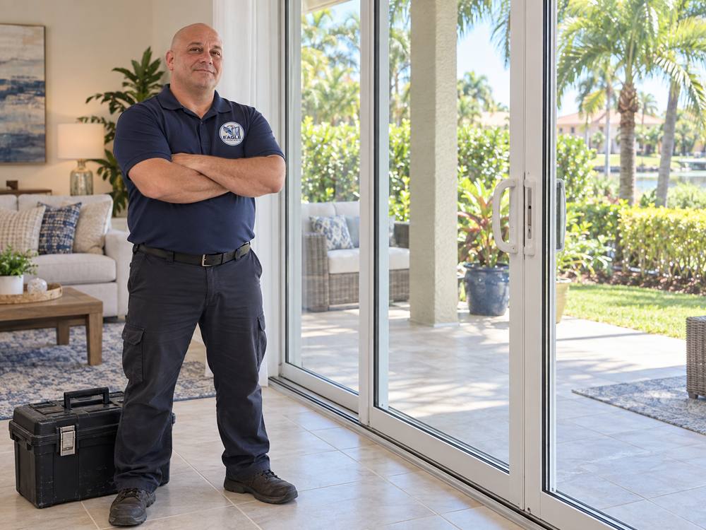 Eagle Sliding Doors technician standing beside an open sliding glass door