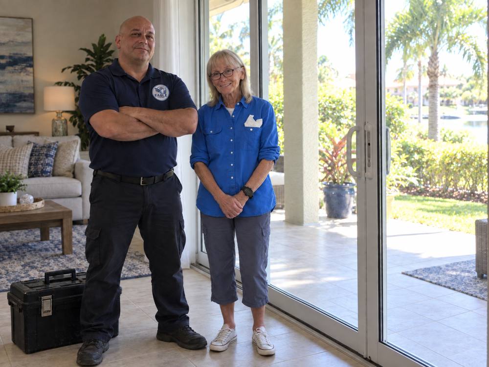 Eagle Sliding Doors technician standing with a customer beside an open sliding glass door